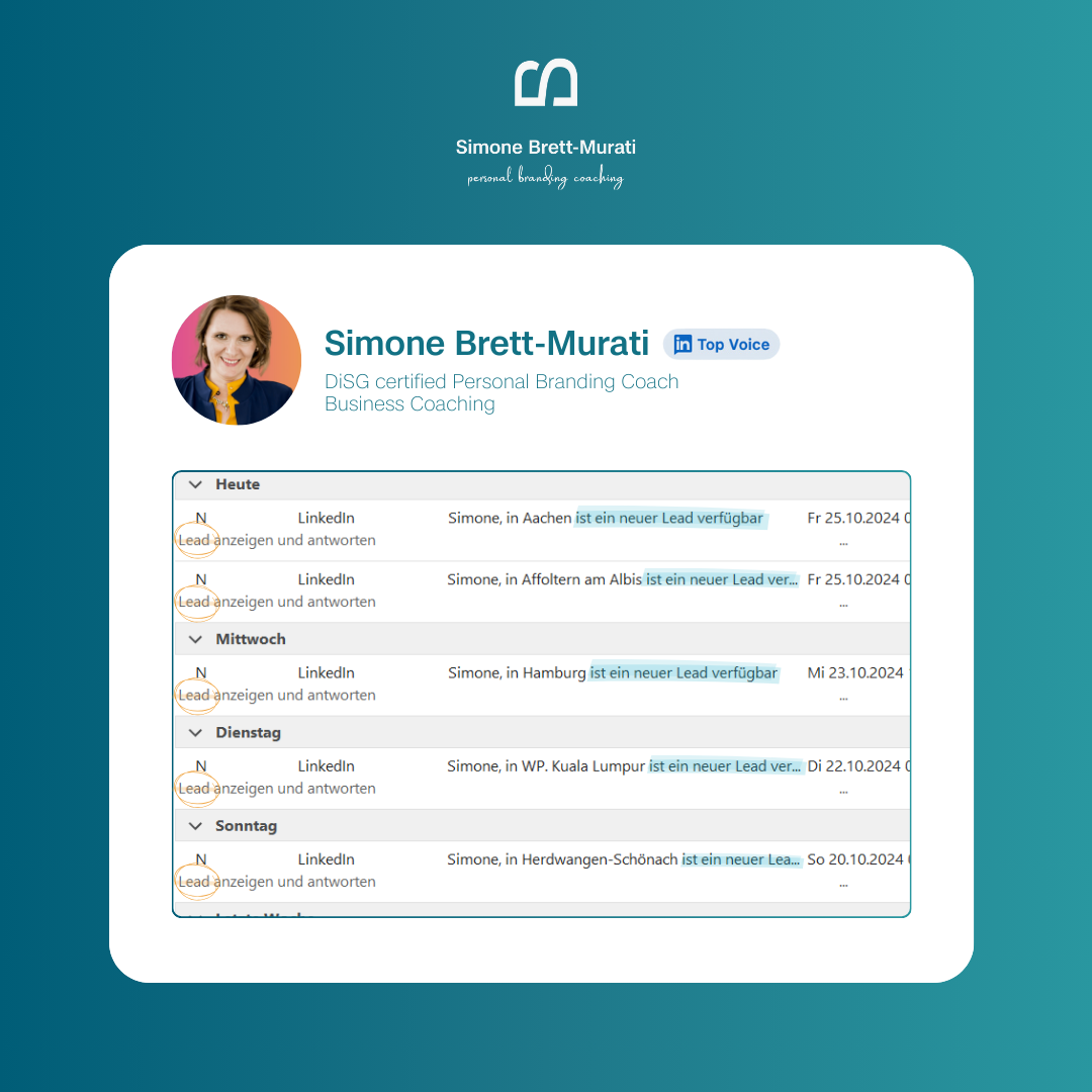 Blauer Verlauf im Hintergrund mit einem Profil Überblick von Simone Brett-Murati und einer Auflistung an neue registrierten Leads durch LinkedIn