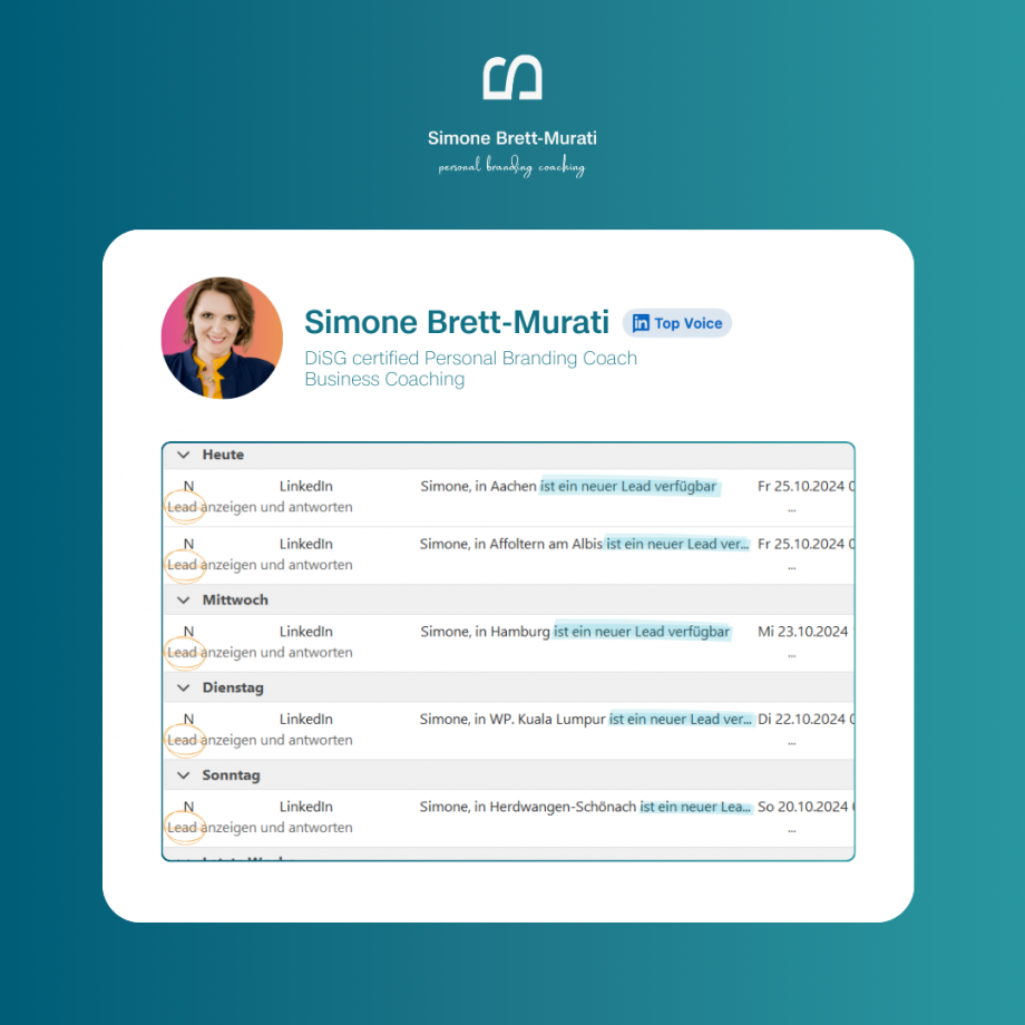 Blauer Verlauf im Hintergrund mit Simone Brett-Muratis Profil Ausschnitt und einem Screenshot einer Liste neu registrierter Leads