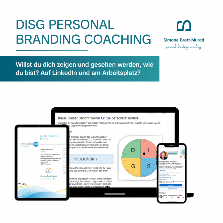 DiSG Personal Branding Coaching Mock Up mit einem Tablet links, einem Laptop in der Mitte und einem Handy rechts im Bild
