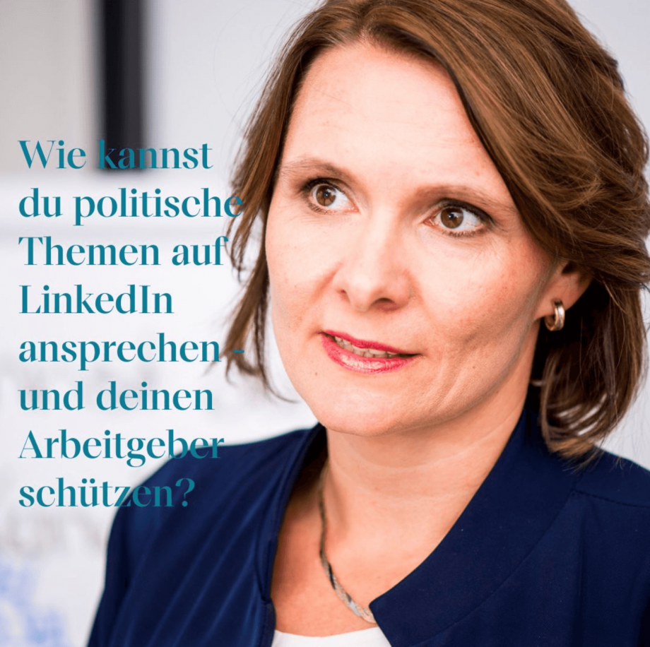 Simone Brett-Murati im blauen Blazer links im Bild und rechts mit Textauszug 